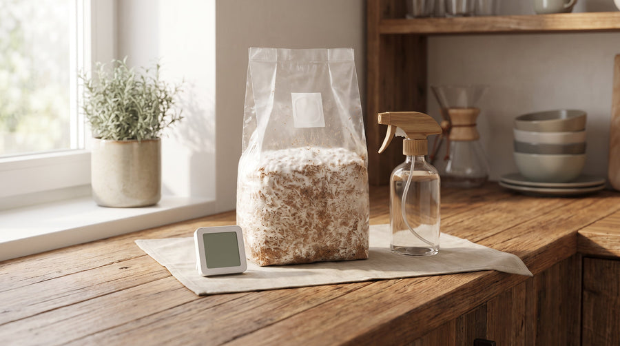 Bloque de cultivo en una bolsa junto a un medidor digital y un pulverizador.