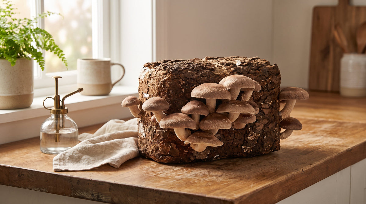 Setas shiitake creciendo en un bloque de cultivo sobre una encimera.