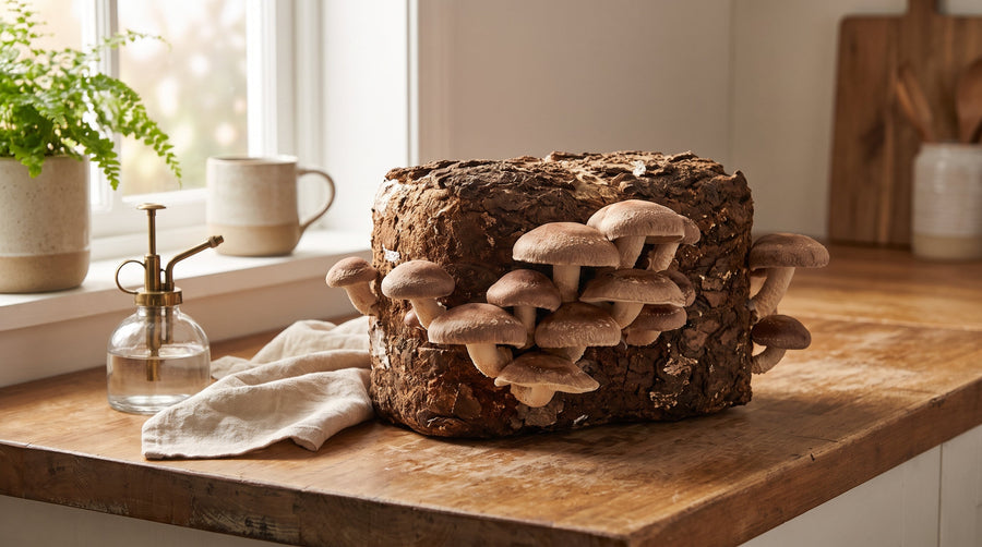 Setas shiitake creciendo en un bloque de cultivo sobre una encimera.