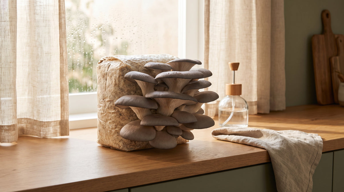Bloque de cultivo de Ostra Gris fructificando en una cocina