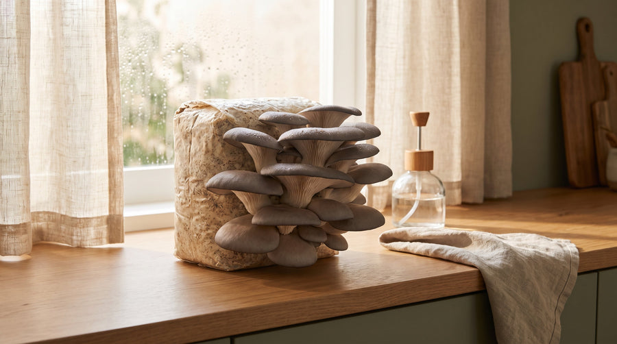 Bloque de cultivo de Ostra Gris fructificando en una cocina